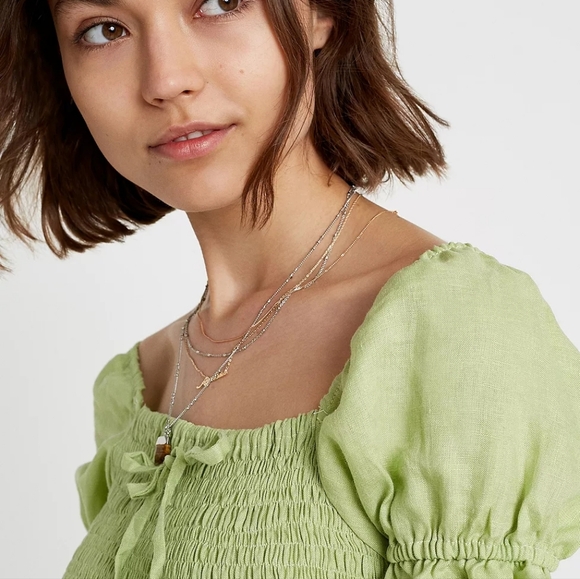 Faithfull The Brand 100% Linen Green Smocked Crop Top Puff Sleeve Cottagecore - Picture 2 of 6